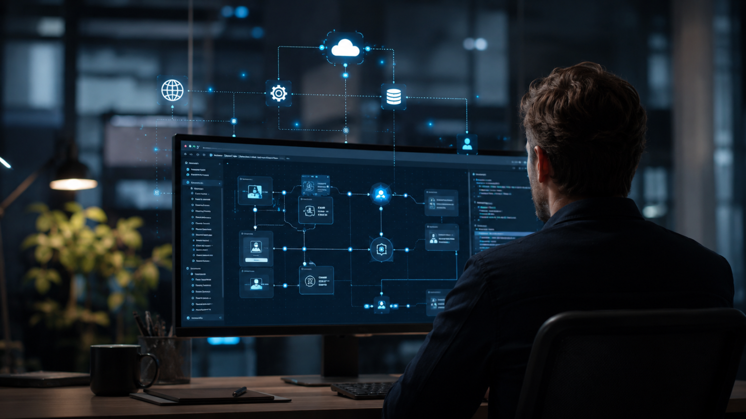 APIs e Integrações: Quando Sua Empresa Precisa Delas? Profissional analisando fluxos de integração entre sistemas em monitor com painéis digitais conectados, representando APIs e integrações empresariais que automatizam processos, sincronizam dados e aumentam a eficiência operacional das empresas.